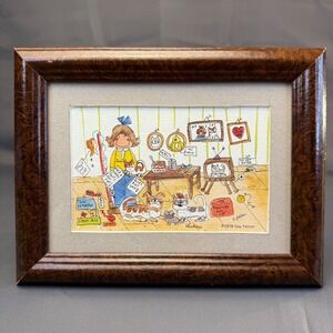 Vintage 1978 Gay Felton Hawkeye Whimsical Cat Art Print Framed 7.5x9.5 Brown